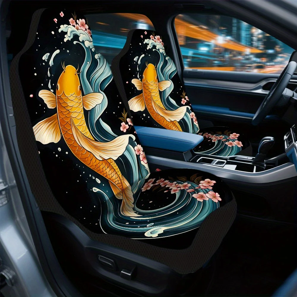 2pcs Koi Fish And Cherry Blossom Print Car Seat Covers – Universal Front Seat Protectors For Cars, SUVs & Sedans, Easy To Instal