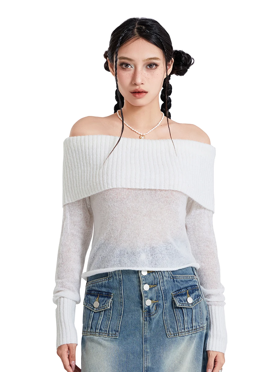 

Women’s Off Shoulder Knit Crop Tops Long Sleeve Solid Color Fashion T-shirts Cropped Sweater