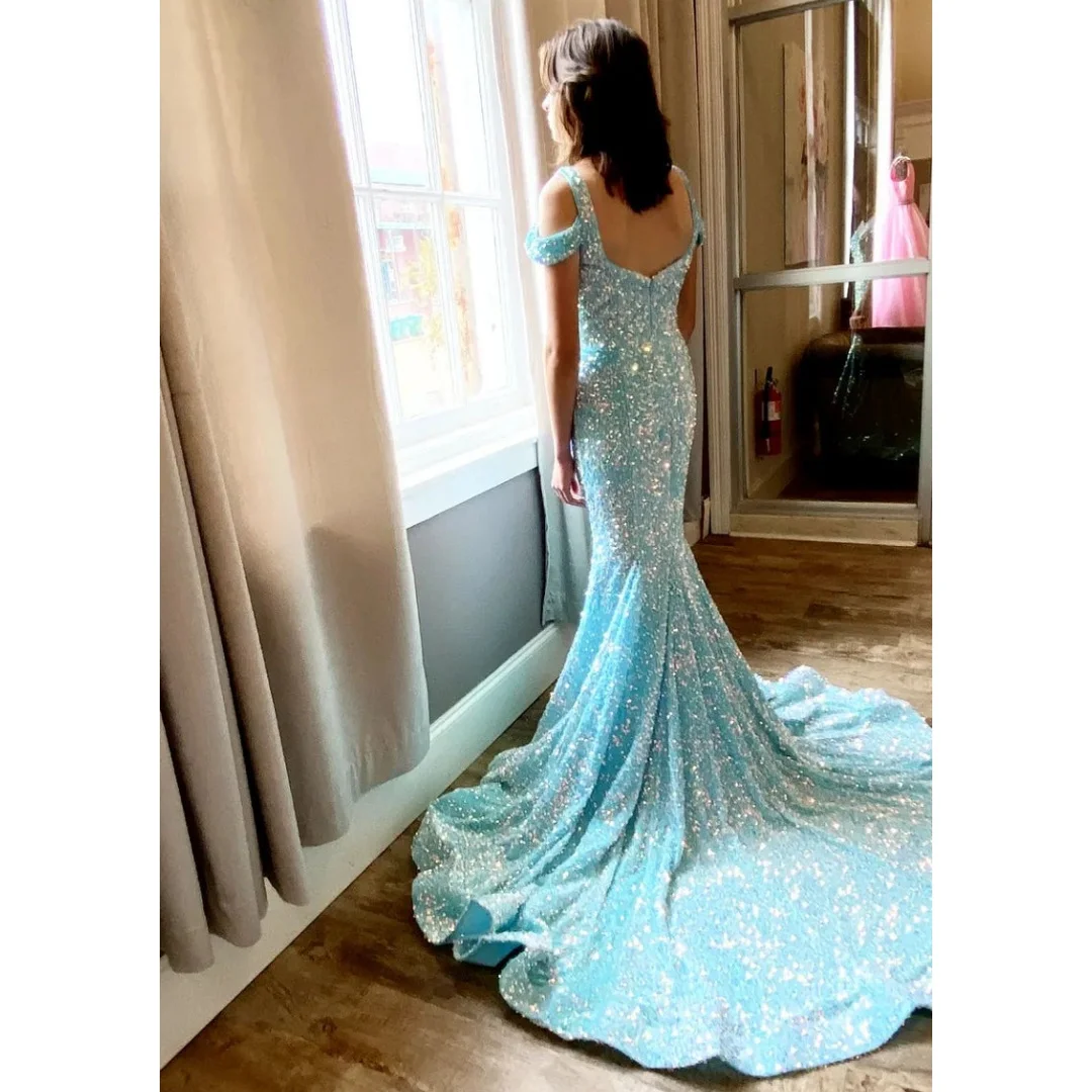 

Sequins Off the Shoulder Cocktail Dresses V-neck Bodycon Ruffles Court Train Graduation Dress Sparkly Floor-Length Party Gowns