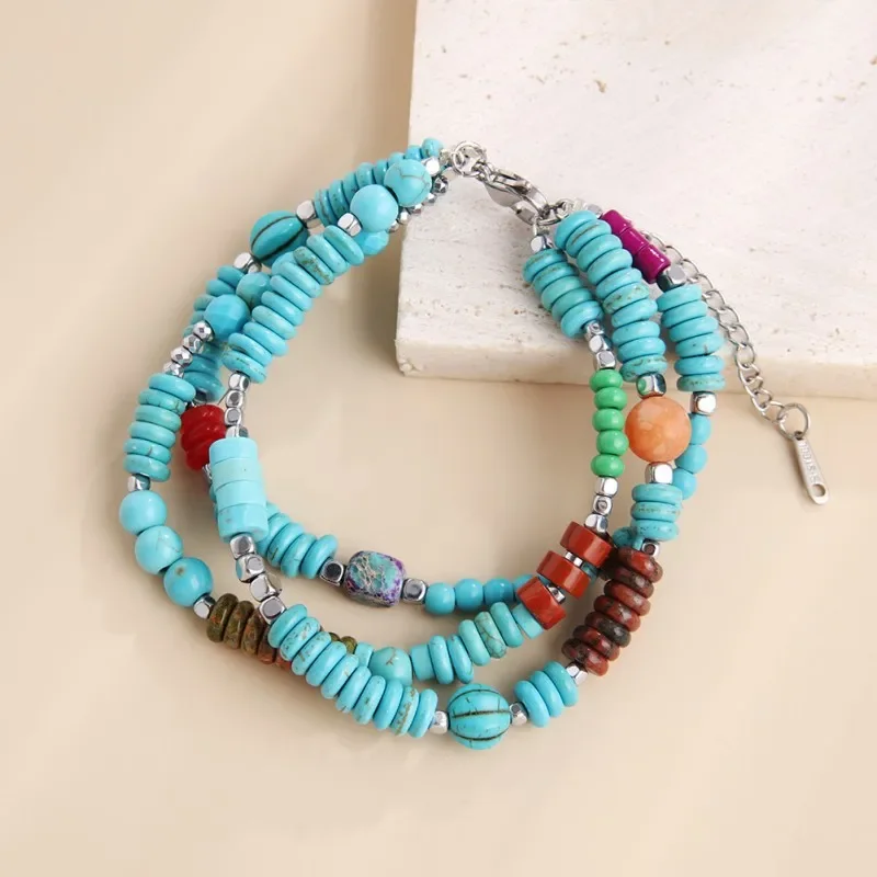 Rice bead bracelet Originality Natural stone Multilayer Hand knitting Adjustable Bohemia Design Retro Turquoise Beaded bracelet