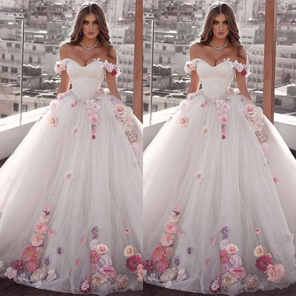 

Charming Wedding Dress 3D Flower Applique Lace Sweetheart Off Shoulder Lace Up Ball Gown Floor Length Custom Made Bridal Dresses