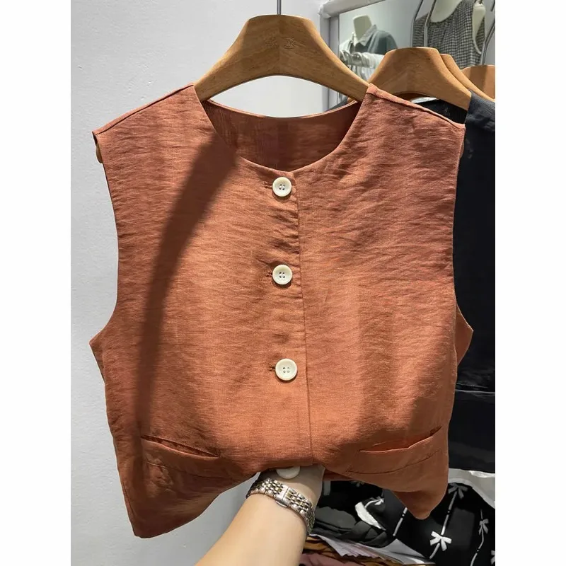 Women's Linen Blend Buttoned Vest Terracotta Sleeveless Round Neck Vest with Button Placket and Patch Pockets