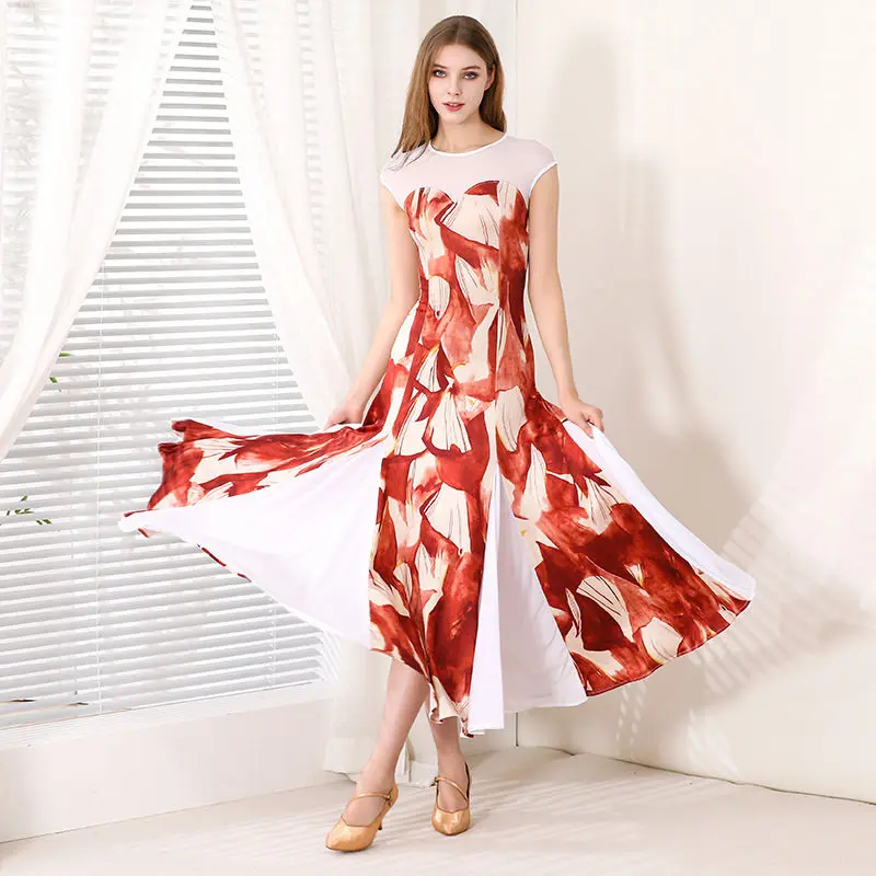 Women's Modern Short Sleeve Printed Waltz Ballroom Dress Flared Swing Skirt One-Piece Gown Great for Daily Training and Practice