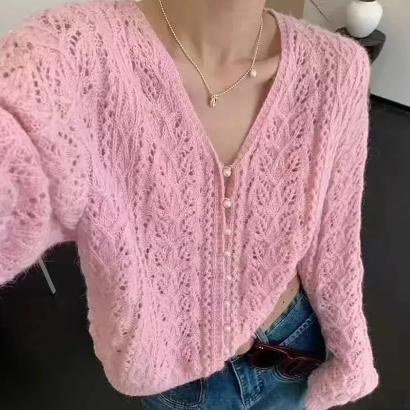 Sweet Hollow Out Knit Cardigan Women V Neck Long Sleeve Single Breasted Sweater Elegant Casual Korean Fashion Cropped Top