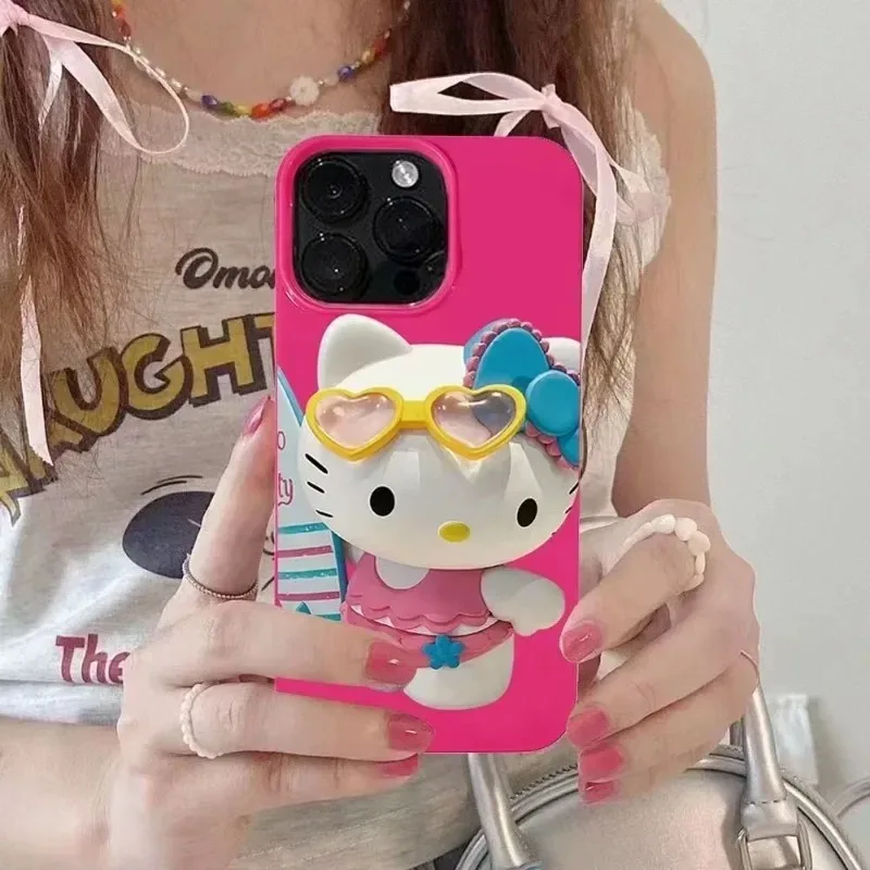 

Kawaii Sanrio Pink Hello Kitty 3D Phone Case for IPhone 14 13 12 11 Pro Max X XR Anti-fall Silicone Soft Back Cover Sister Gifts