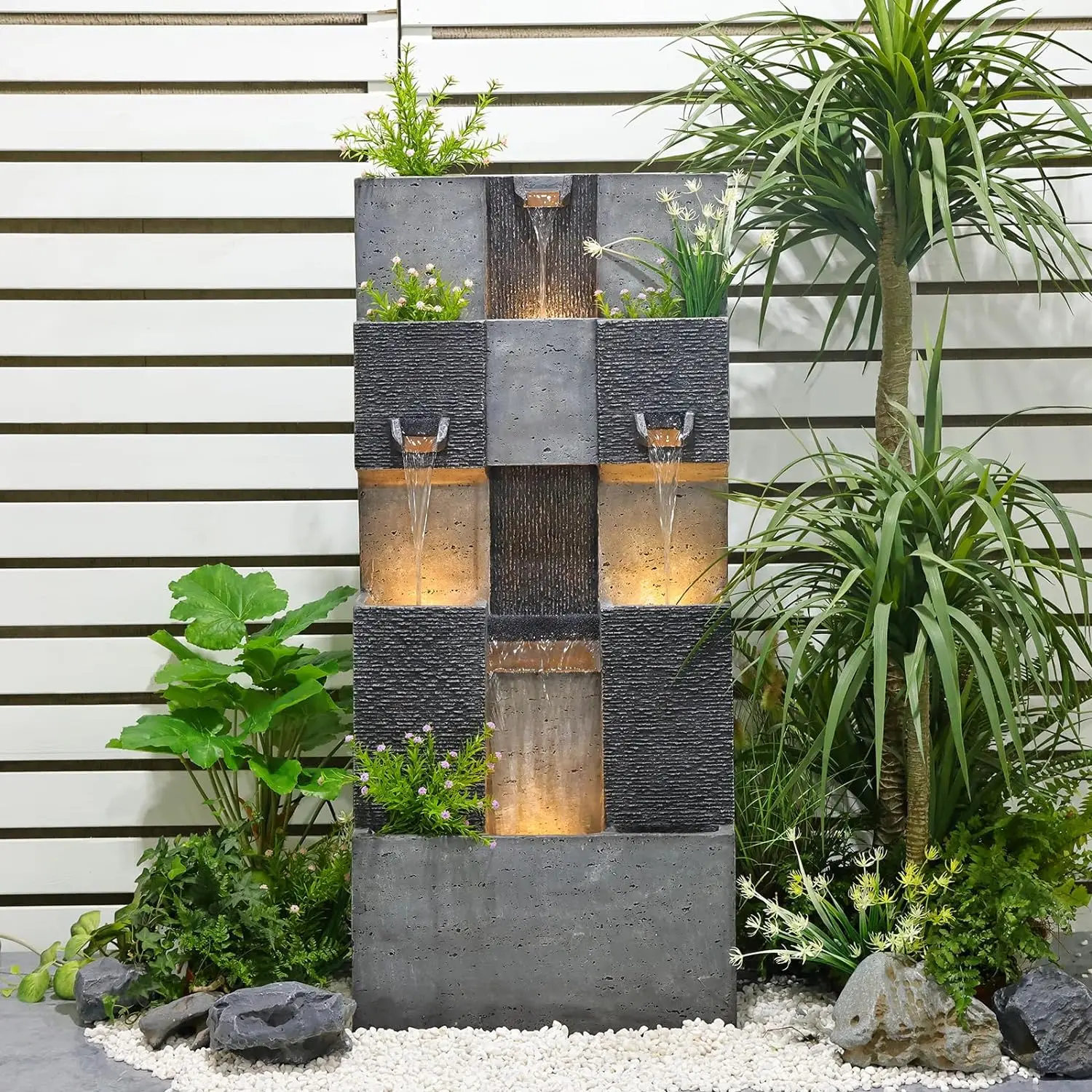 

45.3" Fountain for Garden,Patio, Backyard, Deck, Porch, 3 Tier Modern Cascading Outdoor Waterfall Fountain with Lights