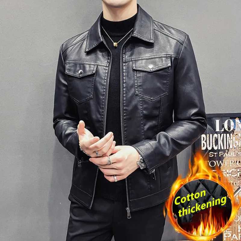 

Newrend Men's Thi Warm Slim Leather Jaet Winter Faionable Long Coat Youthful Sle irt Collar Design Fake Leather