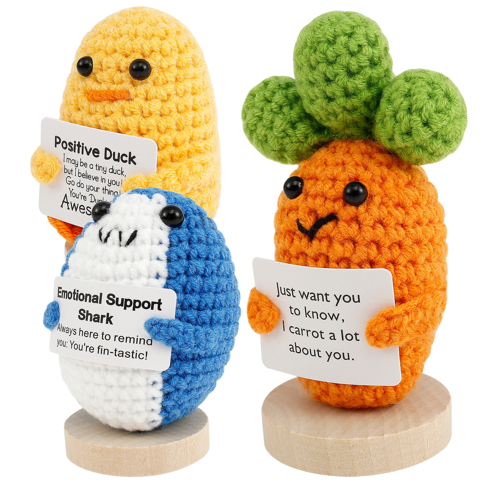 4 Pcs Emotional Support Crochet Animals Handmade Inspirational Crochet Dolls with Motivational Cards and Wood Bases Unique