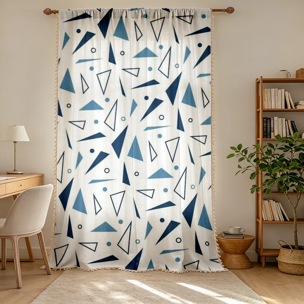 1PC Geometric Tassel Sheer Curtains, Blue Triangle Abstract, Digital Print, Linen Polyester, Bedroom Living Room, Home Decor