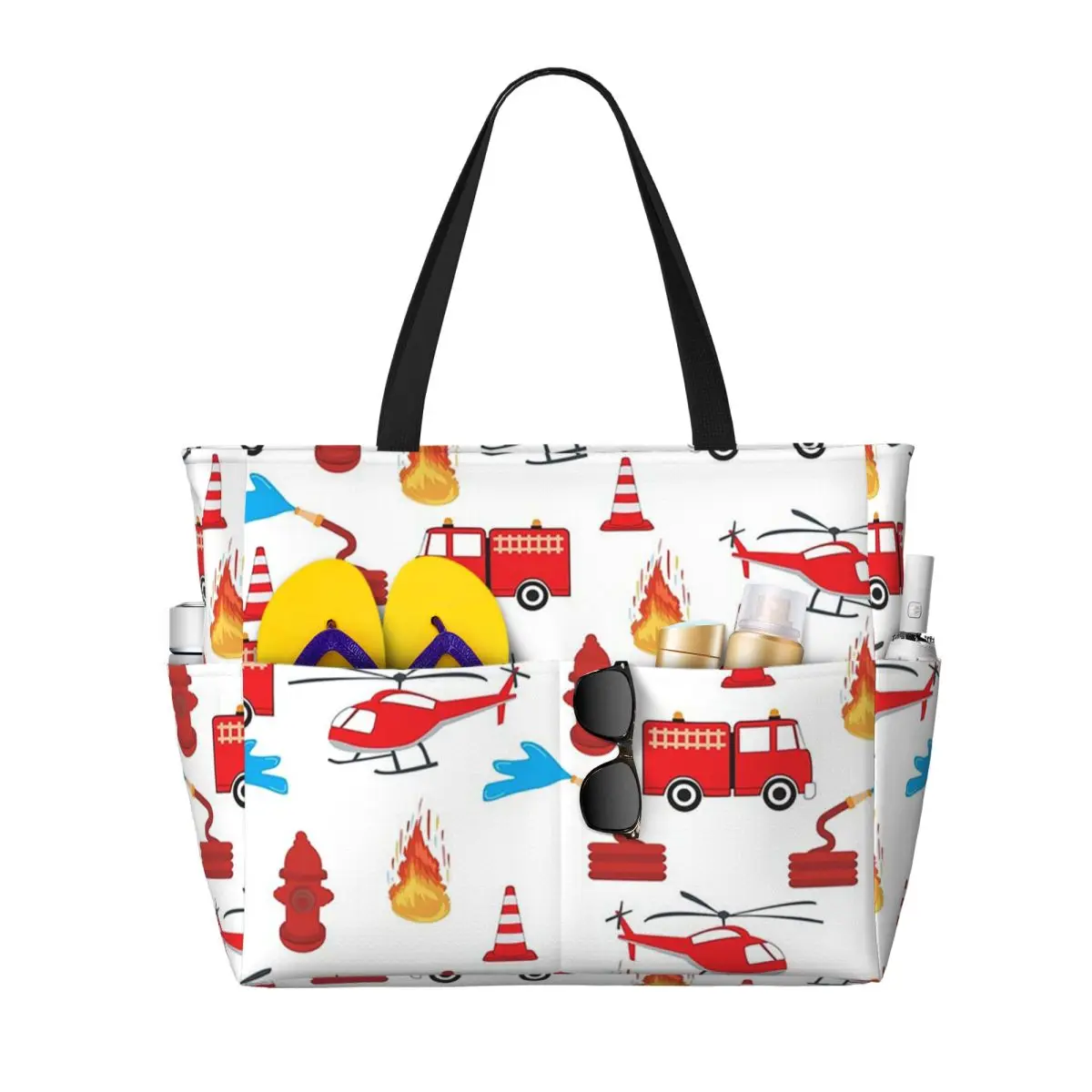 Red Transport Fire Truck Engine Brigade Beach Tote Bag Sport Gym Yoga Duffle Large Tote Bag Women Travel Bag Fitness bag