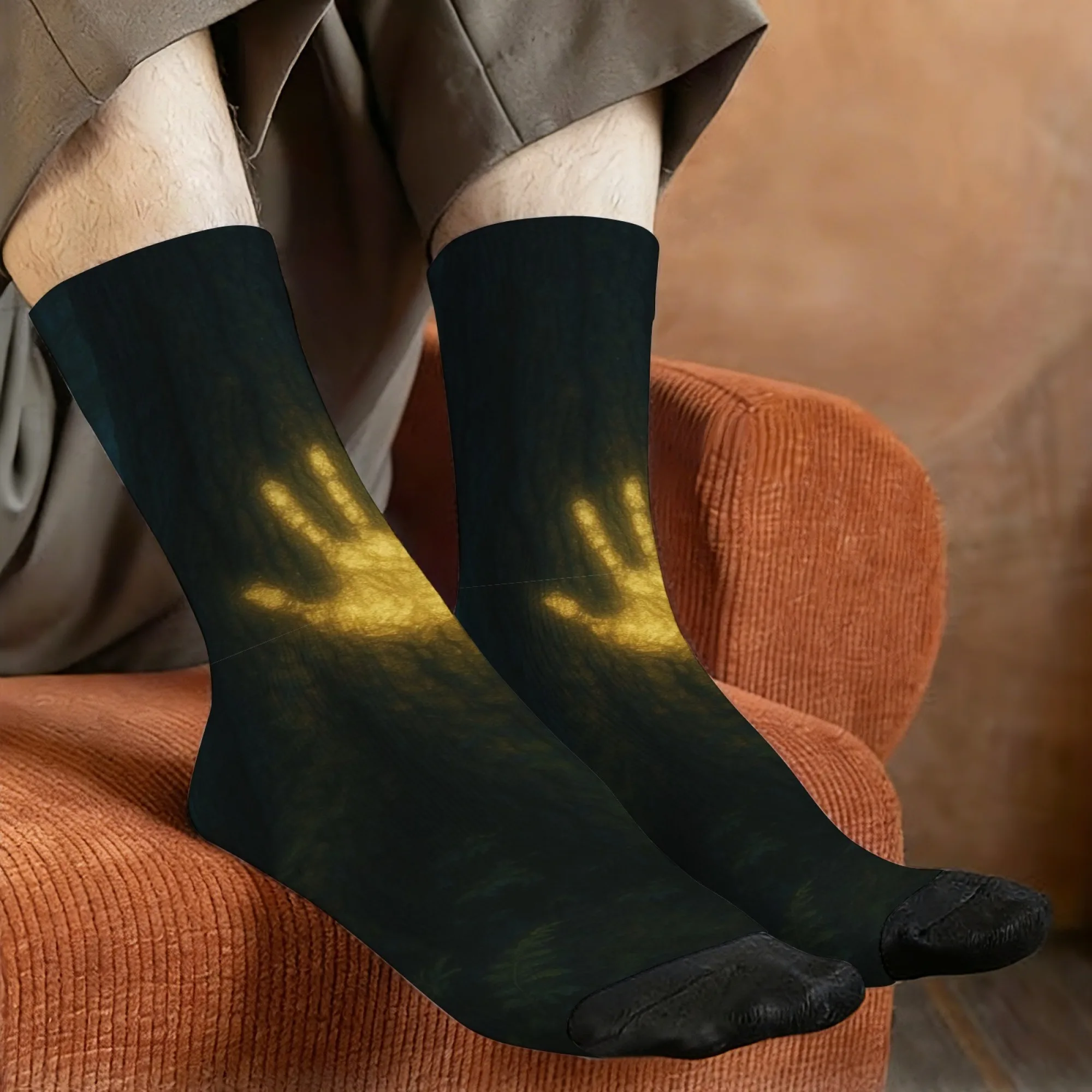 

A pair of dark, mysterious, gold handprint style men's socks, comfortable, breathable, non-slip, casual socks, a party gift.