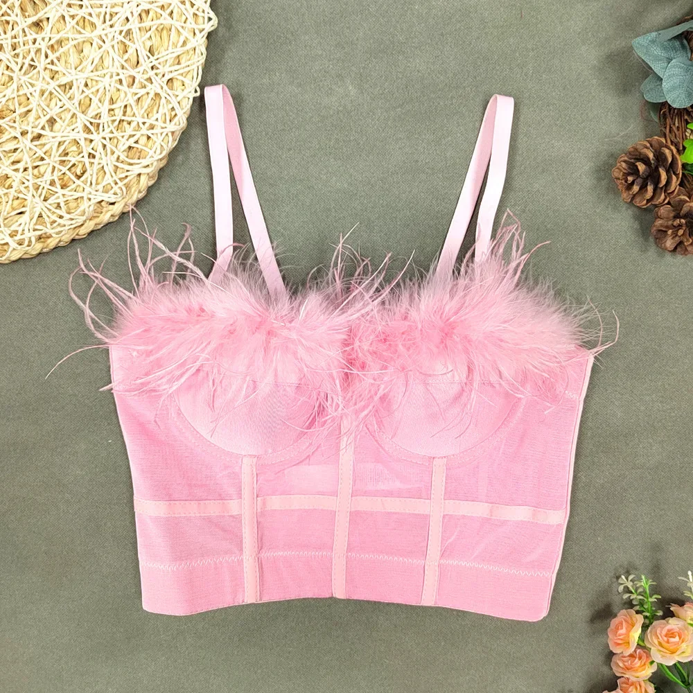 Sexy Feather Bras for Women Dancing Party Clubwear Bustier Adjusted Strap Shapewear One-pieces Bralette Push Up Underwear Tops