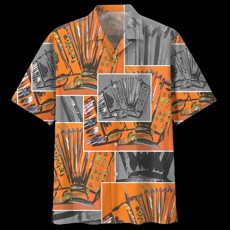 Art Accordion Pattern Hawaiian Shirt For Men Musical Instruments 3D Printed Blouse Summer Loose Tops Short Sleeve Beach Shirts