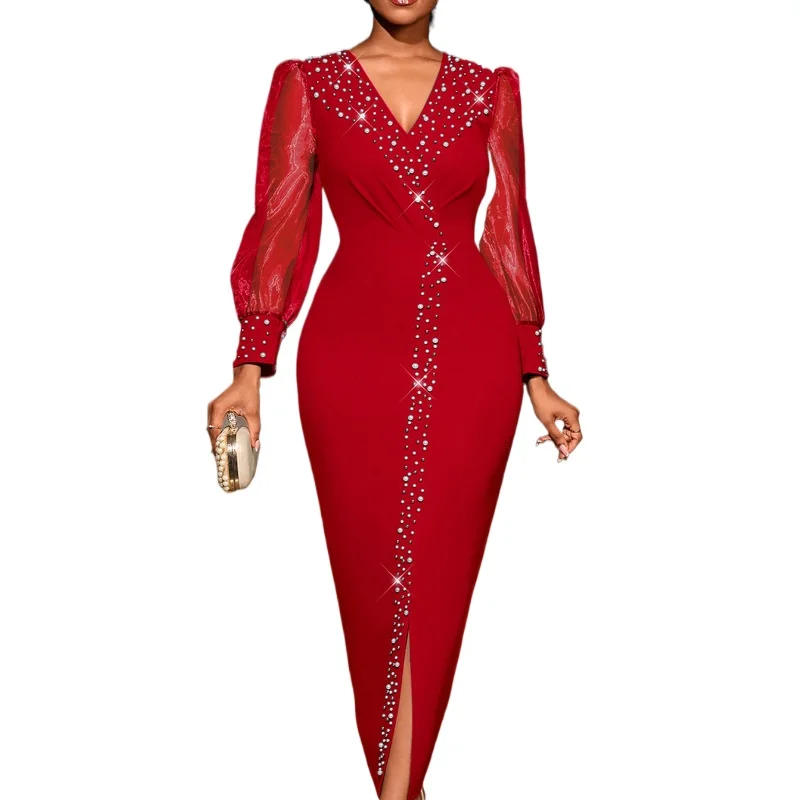 

Fashion V-neck Beaded Ruched Front Split Long Formal Evening Plus Size Dress With Long Sleeves