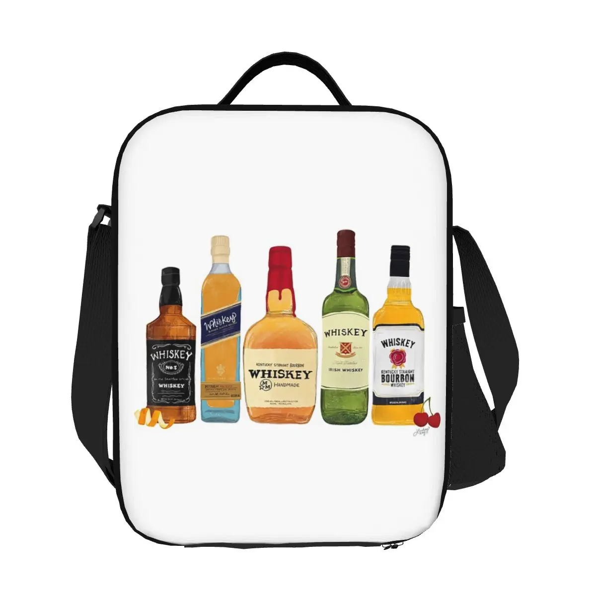 

Whiskey Bottles Illustration Insulated Lunch Bag for Women Kids Leakproof Food Boxes Thermal Lunch Box Tote