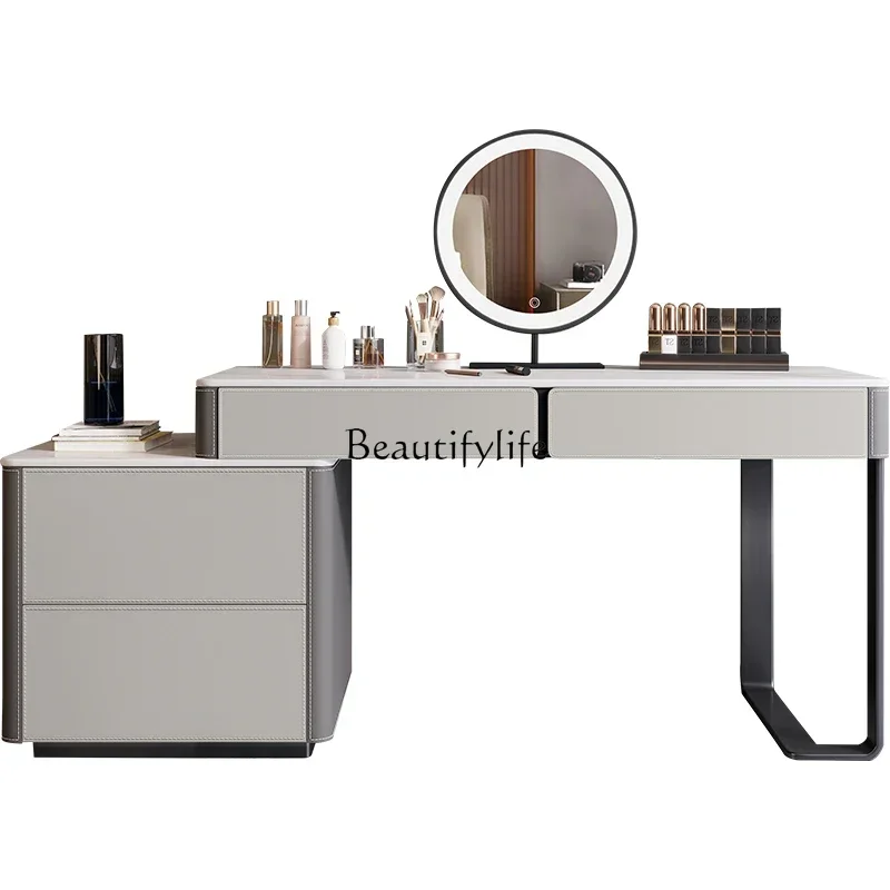 

Saddle leather dresser modern simple bedroom chest cabinet dressing table integrated small apartment rock slab