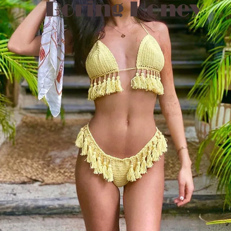 Boring Honey Handmade Crochet Bikini Suit Female Summer Vacation Travel Swimsuit Suit Fashion Tassel Design Sense Swimsuit Women