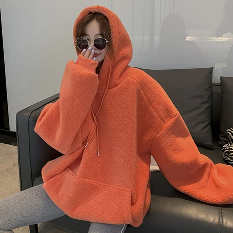 Women Oversized Hooded Sweatshirt Korean Style Fleece Lined Warm Jacket Loose Fit Youthful Casual Autumn Winter Outerwear