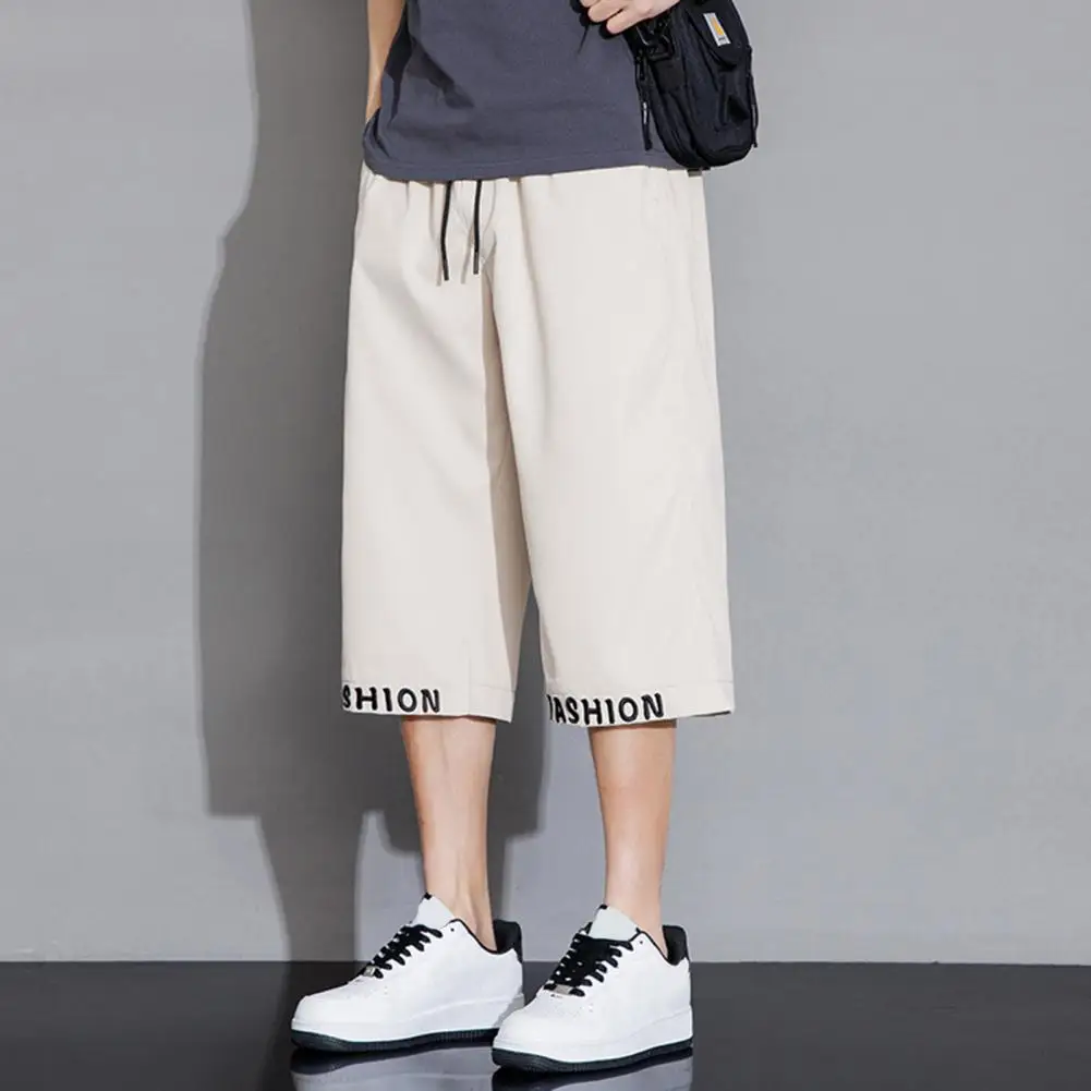 

Men Trousers Stylish Men's Cropped Pants with Elastic Waistband Drawstring Featuring Letter Embroidery Print Wide Leg for Casual