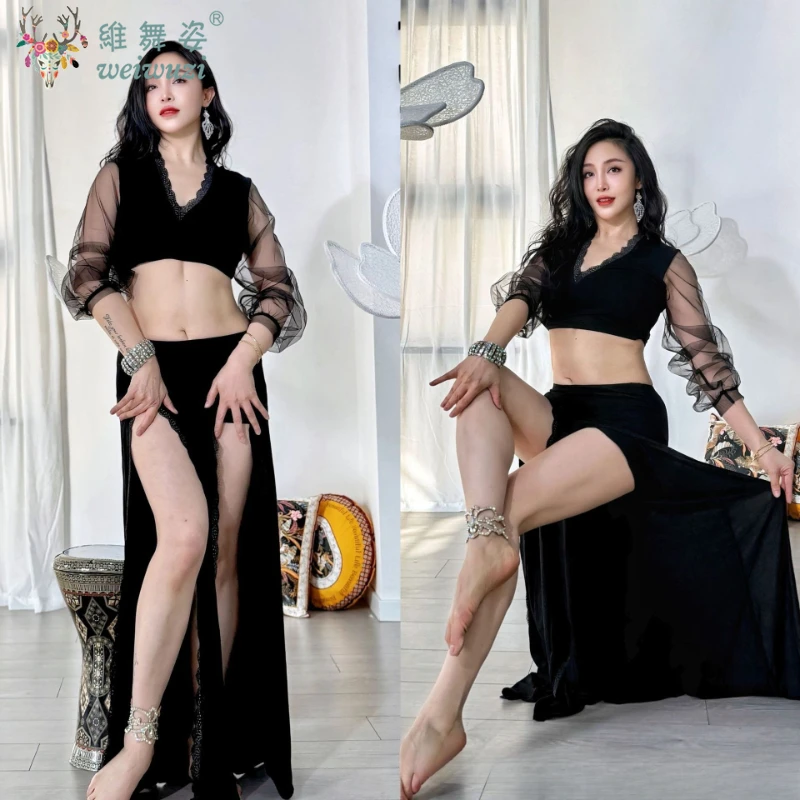 Costumi di danza del ventre per donna Top sexy con scollo a V in rete + gonna lunga in pizzo sexy 2 pezzi Tuta da allenamento professionale per danza orientale per adulti