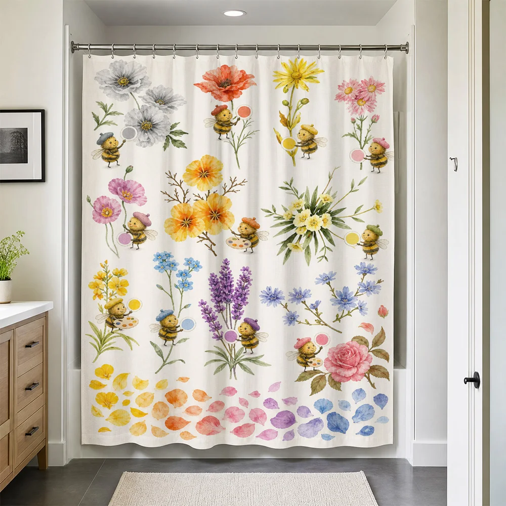 Waterproof Floral Bee Shower Curtain Watercolor Bathroom Decor Cute Cottagecore Garden Aesthetic Boho Shower Liner for Master Ba
