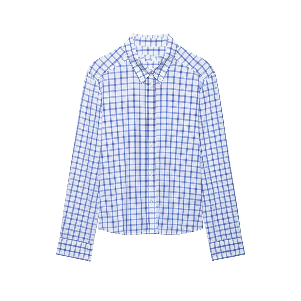 

WOMAN 2026 Summer New Fashion Single-breasted Plaid Blouses Retro Lapel Long Sleeve Casual Female Shirts Blusas Chic Tops