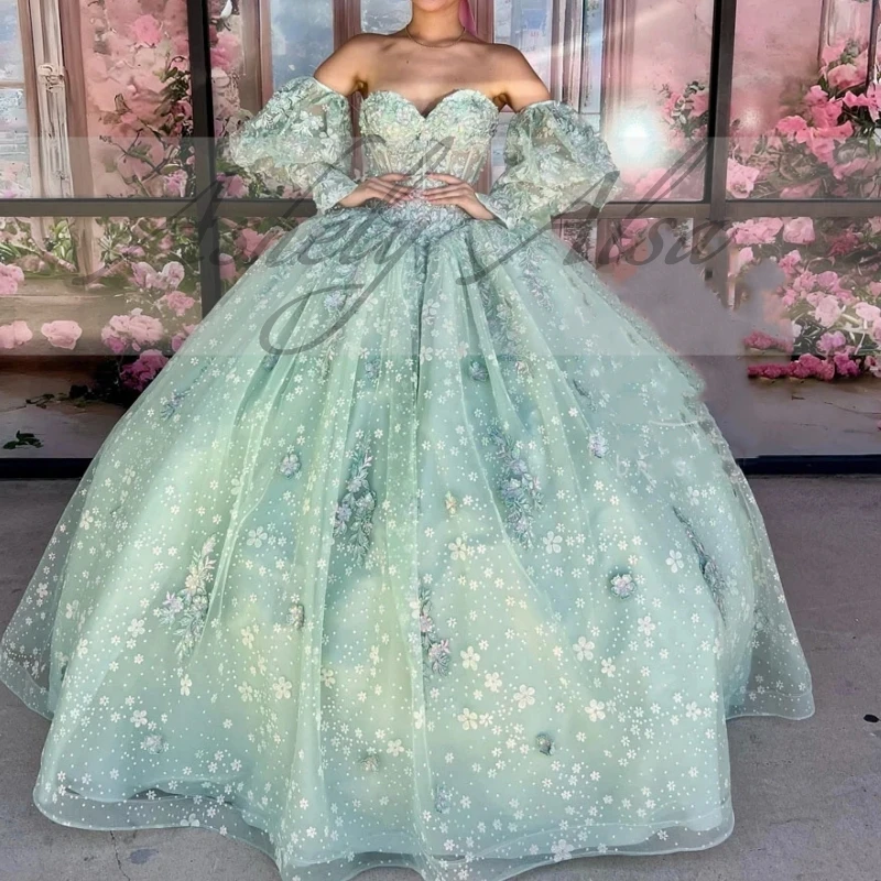 مخصص حكيم الأخضر 15 فتاة Quinceanera ثوب ثوب قبالة الكتف الدانتيل زين مشد المرأة عيد ميلاد حزب اللباس ملابس حفلة موسيقية