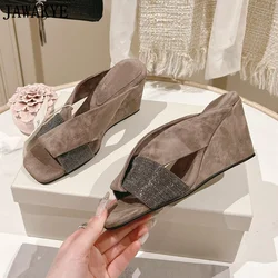 Summer New Suede Wedges Slippers Women Open Toe Cross Hollow Out High Heel Shoes Designer Brand Party Dress Beach Slippers Woman