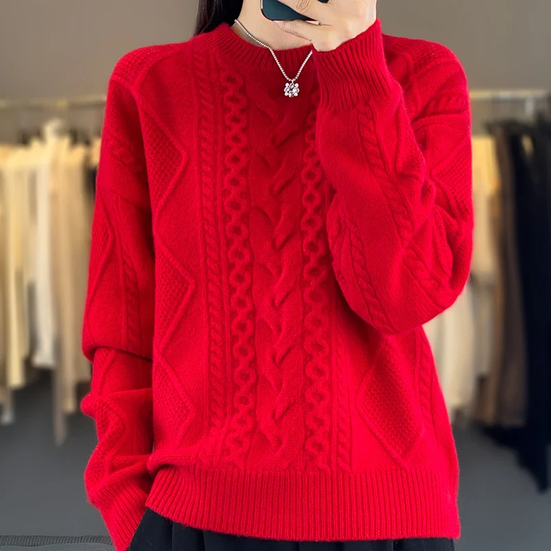 Enlarged And Thickened Merino Wool Sweater Women\'s Round Neck Autumn Winter New Long Sleeved New Cashmere Knit Pullover Top