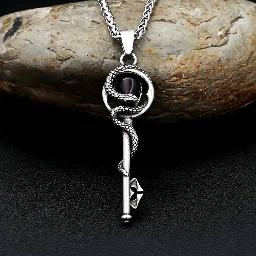 Gothic Coiled Snake Key Stainless Steel Pendant Necklace Serpent Key Inlaid Purple Stone Unisex Punk Dark Style Fashion Jewelry