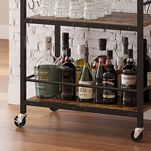 Rolling Industrial Rustic Wooden Bar Kitchen Food Serving Truck Trolley Kitchen Truck With Wine Rack And Cup Holder