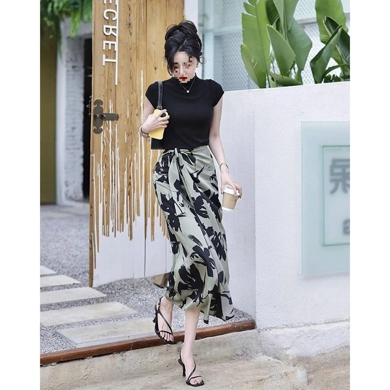 التنانير للنساء عالية الخصر ميدي امرأة تنورة الطباعة مبيعات الملابس 2025 الاتجاه الكورية الموضة ألف خط فاخر أنيق جديد في شيك