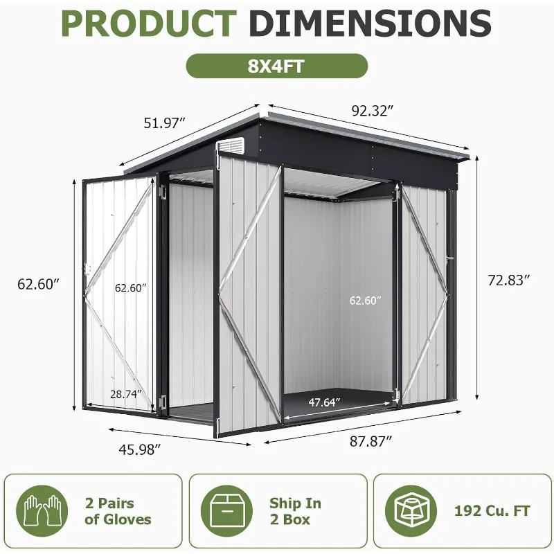 Aoxun 7.5'x4' Triple Door Shed Outdoor Storage Shed & 14mm PP Floor | Metal Storage Cabinet with Slopping Roof
