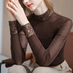 Fashion Gauze Bright silk Spliced Lace Blouses Women's Clothing 2023 Autumn winter Elegant pullovers Office Lady Shirts