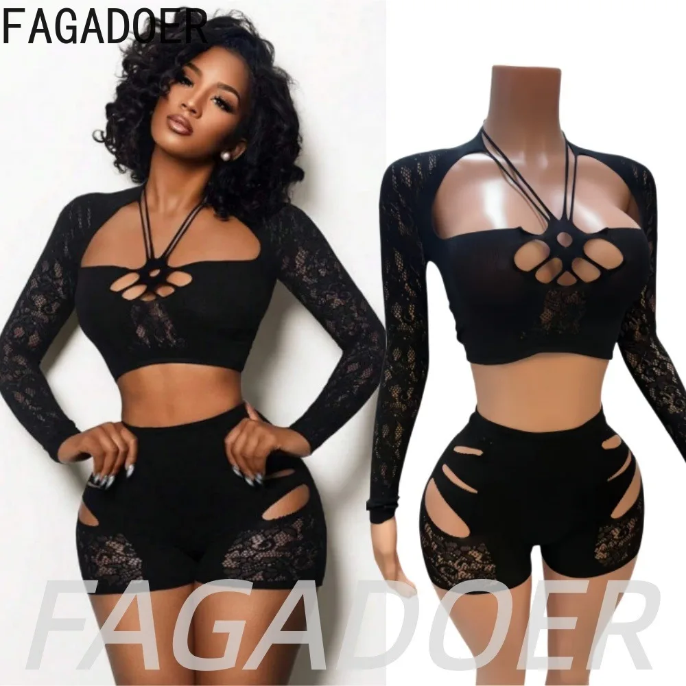 FAGADOER Women Sexy Mesh See Through Shorts 2 Piece Sets Fashion Hollow Out Patchwork Long Sleeves Top + Bodycon Shorts Outfits