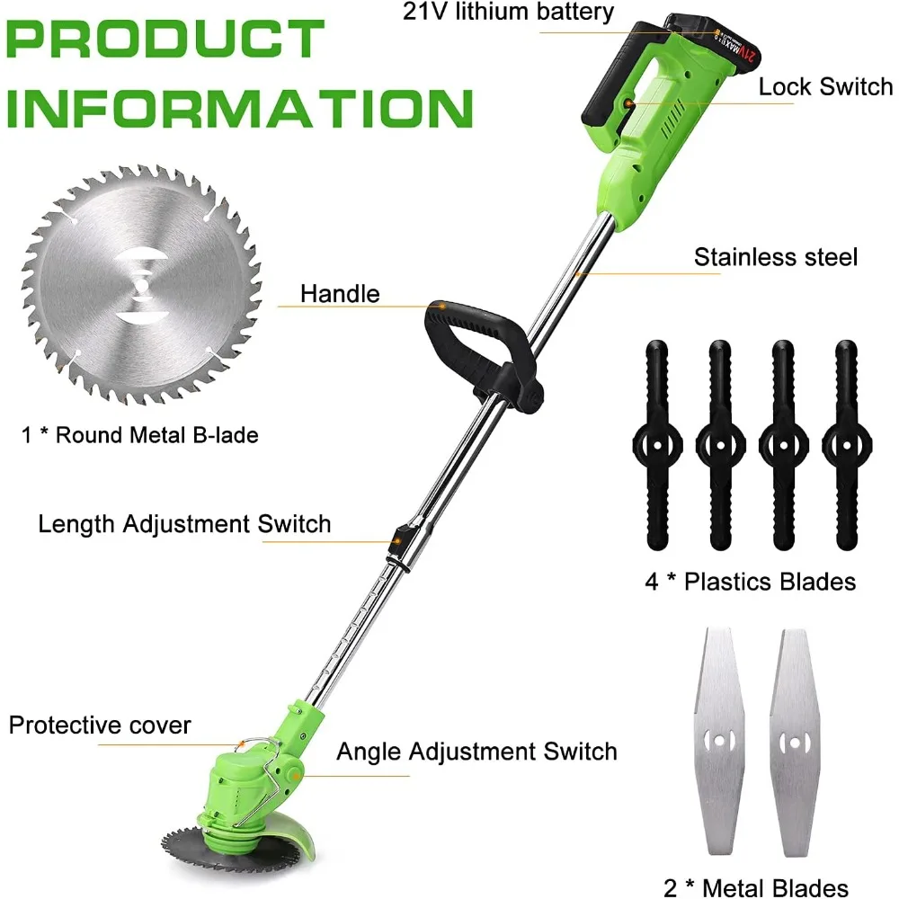 เครื่องตัดหญ้าไร้สาย 21V พร้อมแบตเตอรี่ 2.0Ah สำหรับใช้ในบ้านและสวน