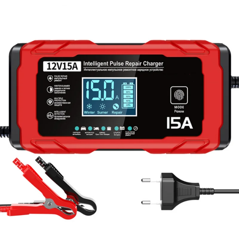 

12V 15A Car Battery Charger Pulse Repair Smart Charge AGM Deep Cycle GEL Lead-Acid Charger For Auto Motorcycle