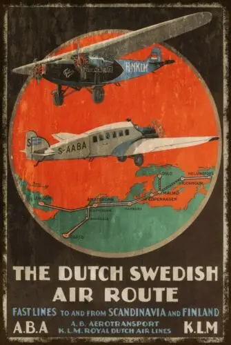 Dutch Swedish Plane Travel KLM Airline Advert Vintage Retro Style Metal Sign
