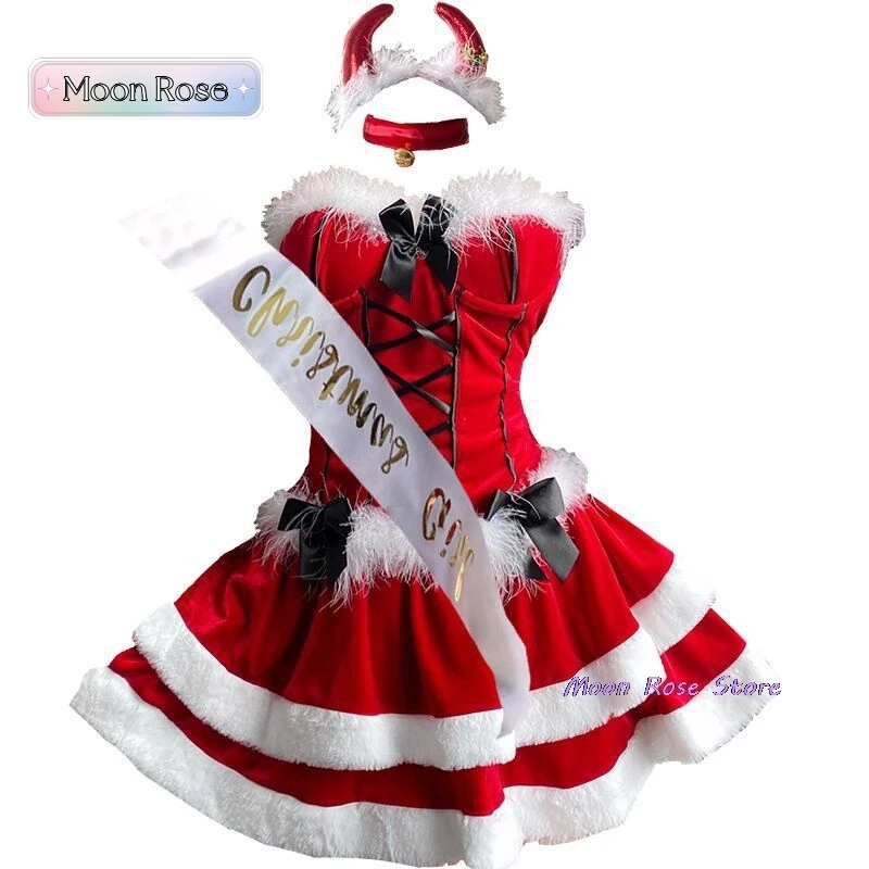 Navidad Sexy conejito de peluche lindo uniforme Cosplay disfraz terciopelo Año nuevo vestido rojo camisón trajes de juego de rol ropa interior chica