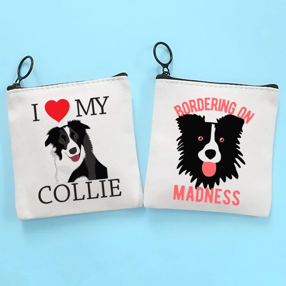 Border Collie Dog Cartoon Divertente Kawaii Portamonete in tela Portamonete Collezione Borsa in tela Portafoglio piccolo Portachiavi con cerniera