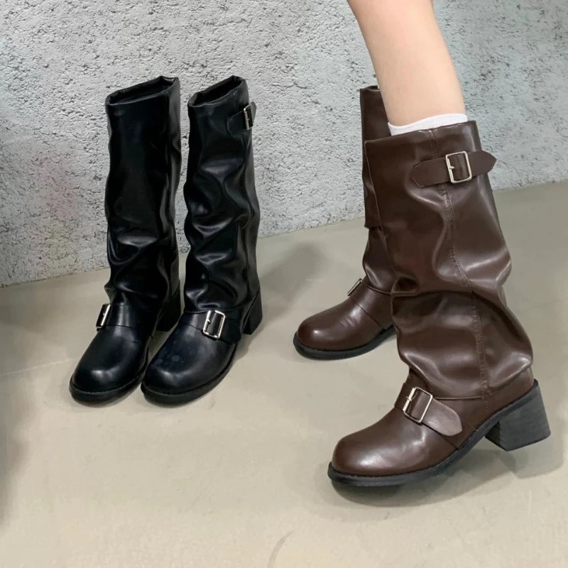 Trend Punk Gothic Rock Leather Knee High Boots for Women Thick Platform Chunky Block Heel Motorcycle Long Footwear Street Shoes