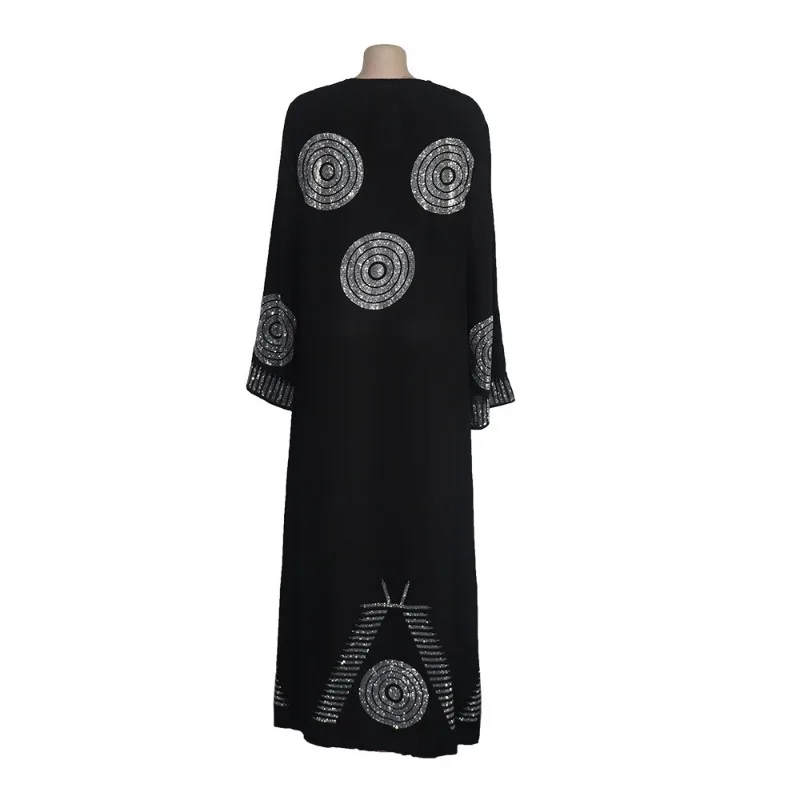 2023 Fashion New African Style Women Solid Diamonds Long Robe Sexy V-neck Full Sleeve Large Swing Long Dress with Headscarf Belt