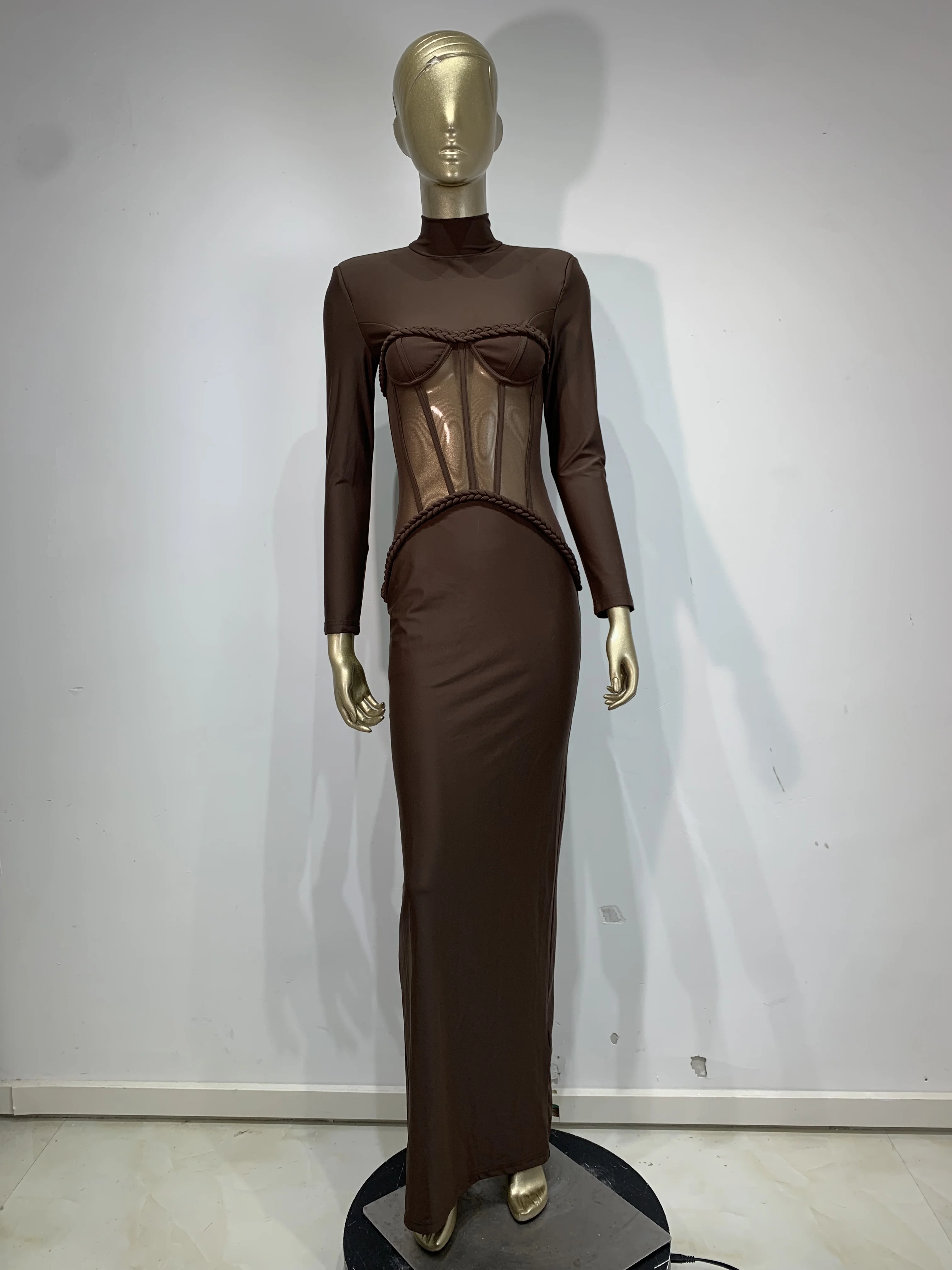 Mode Sexy femmes robe moulante marron maille à manches longues Cocktail de luxe anniversaire soirée Club robes de soirée robe d'invité de mariage