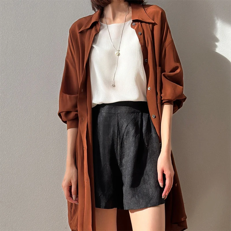 Women Long Cardigan 100% Mulberry Silk Buttons Down Long Sleeve Brown Color Coat Blouse Long Type Shirt Top Summer Beach M1367