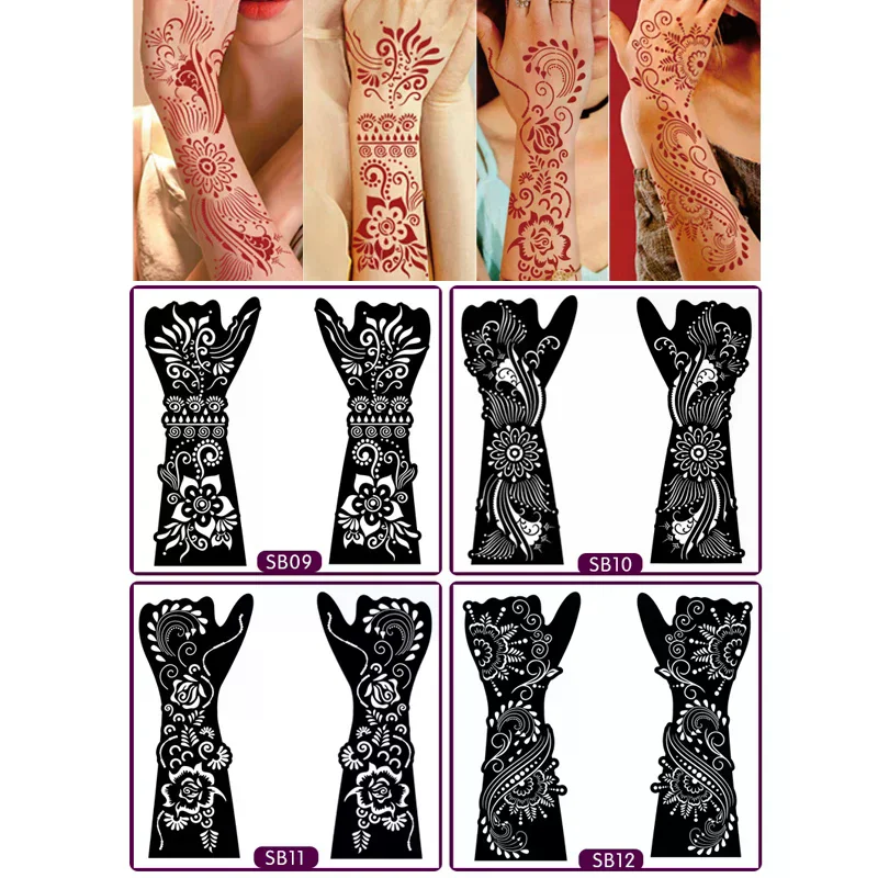 

Women Flower Henna Tattoo Template, 1Pair Black Hand Transfer Temporary Tattoo Stickers, Body Painting Tattoo Stencil