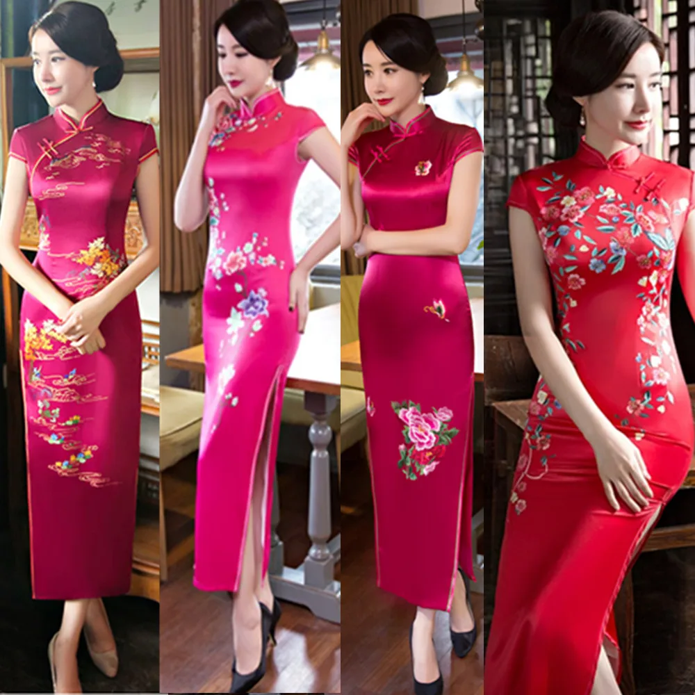 Elegant Vintage Silk Long Dress Slimming Showstopper High Slit Short Sleeve Floral Print Perfect for Banquet And Daily Wear