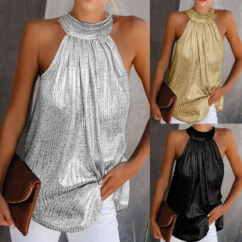 

2024 Womens Fashion Shiny Neck Tank Tops Vest Ladies Summer Casual Solid Color Sleeveless T Shirt Blouse Black Gold Silver YDL33