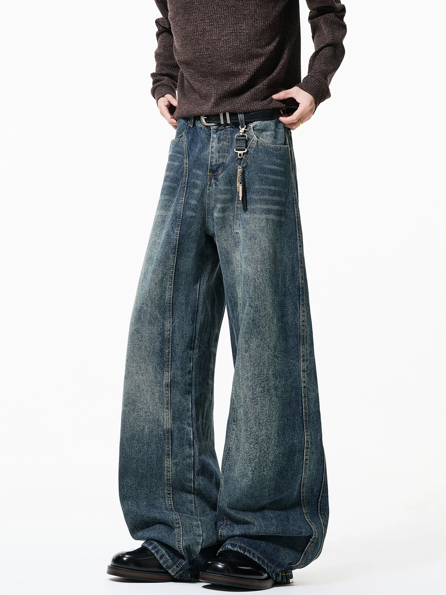 

American Streetwear Sle Men's Loose Straight Leg Jeans Vintage Patchwork Deconstructed Design Versatile Wide Leg Trousers