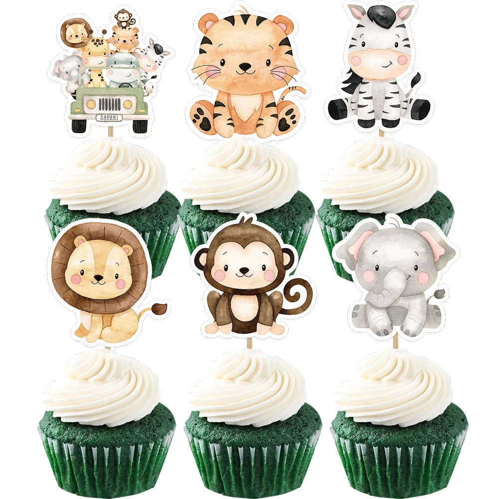 24pcs Carton Wild Animal Cake Toppers Cupcake Topper For Kids Jungle Safari Forest Birthday Party Decoration DIY Cupcake Supply