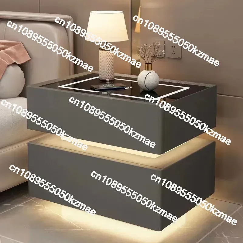 Modern Style Solid Wood Bedside Table with Wireless Charging Smart 2 Drawers Bedroom Nightstands with Lock